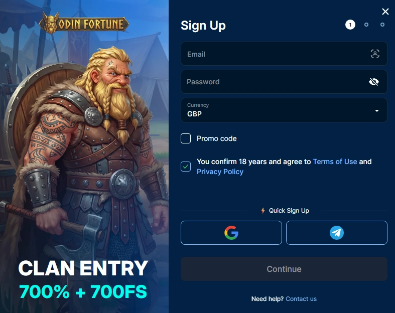 Odin Fortune casino registration form